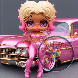 Betty Boop in pink, next to pink car, Urban Betty Boop, Urban Trap Designs, African American, wall art, digital art, png, sublimation