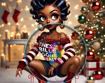 Betty Boop Christmas Digital Download - Red & White Holiday Pin-Up Art in Front of Christmas Tree&quot; These bills gone wait digital art png
