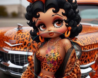 レトロなベティ・ブープ風アートプリントとオレンジのヒョウ柄の車