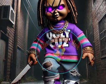 Muñeco inspirado en Chucky con estilo callejero / Arte de terror urbano para decoración de Halloween / Descarga digital espeluznante con rastas y cuchillo