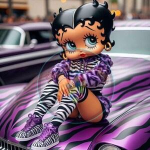 Betty Boop-Inspired Art Print with Purple Zebra Car – Unique Retro Wall Art for Collectors, black betty boop digital art, png