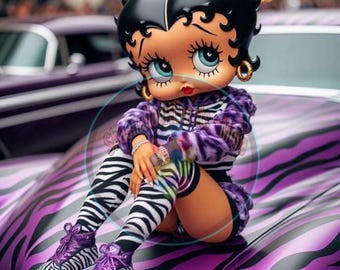 Betty Boop-Inspired Art Print with Purple Zebra Car – Unique Retro Wall Art for Collectors, black betty boop digital art, png