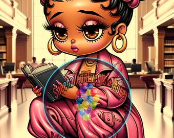 May include: A cartoon illustration of a girl with dark skin, wearing a pink jacket and trousers, sitting in a library and reading a book. She has large brown eyes, pink hair bows, and gold hoop earrings. The text "SheenaileditEvents + More" is visible in the image.
