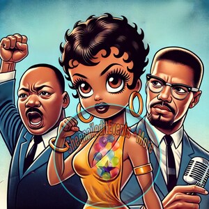 May include: A cartoon illustration of three people, Martin Luther King Jr., Malcolm X, and a woman with large eyes, all with brown skin. The woman is wearing a yellow dress with a colorful design and large gold hoop earrings. The men are wearing suits and ties. The woman is holding her fist in the air. The text "sheenaileditEvents + More" is visible in the image.
