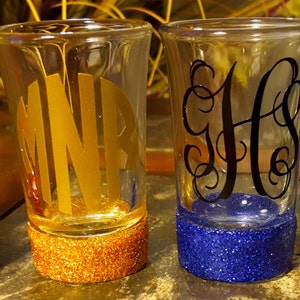 Glittered Shot Glasses ~ Glitter Shot Glass, Personalized, Monogram Shot Glass, bridesmaid gift, Wedding, Birthday, Office Gift