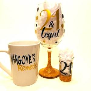 21st BIRTHDAY ~  21 & Legal Glitter Stemmed Wine Glass; Birthday; Gift; Present; 40th, 30th, 50th, 21st