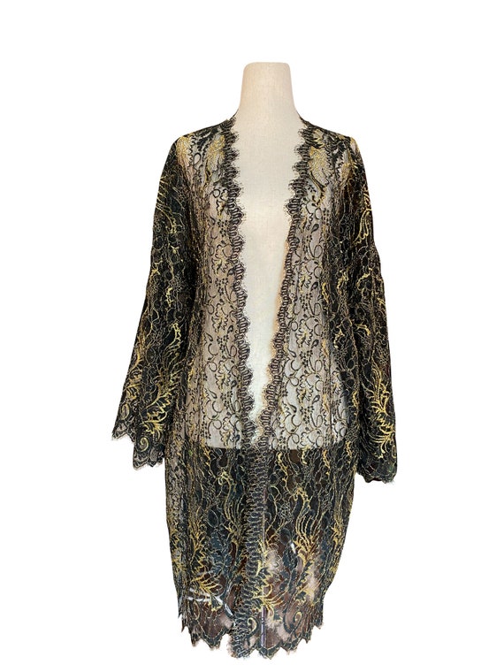 Vintage Black and Metallic Gold Lace Top Jacket Bl