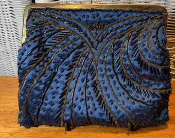 navy blue beaded clutch bag