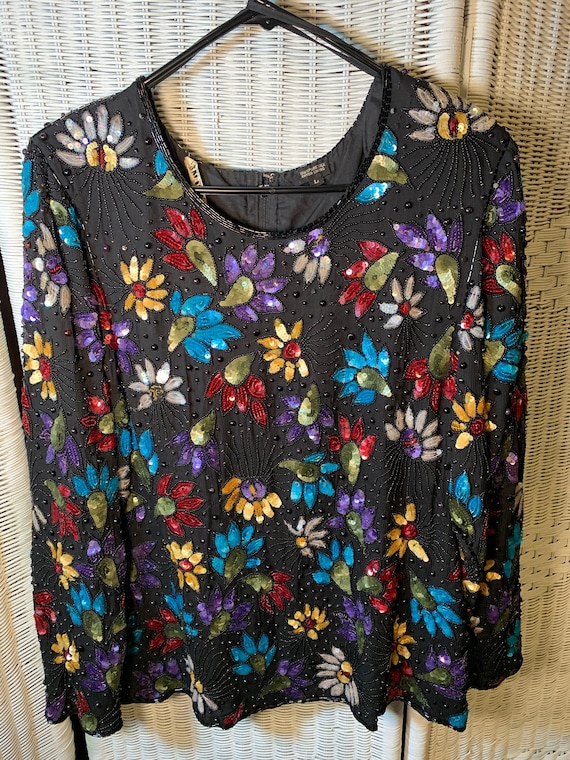 Vintage Avalon Beaded Silk Long Sleeve Evening Top