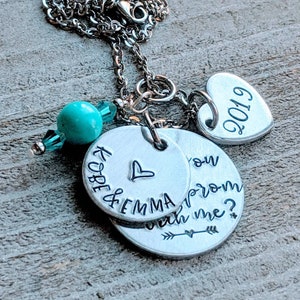 Custom Hand Stamped Prom Necklace with School Charm and Heart - Personalized High School Dance Jewelry - Unique Promposal Gift for