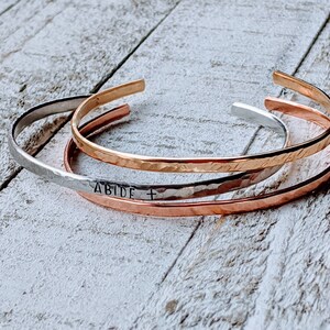 Hand Stamped Word of the Year Stacking Cuffs Set - Aluminum, Copper, Nugold - Mixed Metal Bangles - Minimalist Jewelry - Skinny Bangle