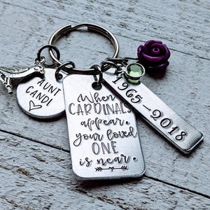 Beautiful Memorial Keychain with Cardinal Charm, Roses, Birthstone Hand Stamped Quote, Name, Dates on Aluminum Personalized for Loved One