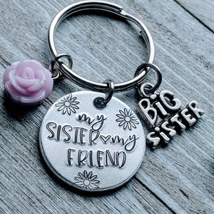 Sister Gift Keychain Set - National Siblings Day Big Sister Little Sister Best Friend Keychains - Hand Stamped Aluminum with Charms and