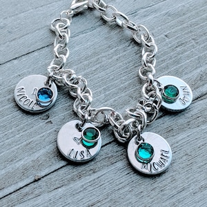 Personalized Hand Stamped Grandkids/Kids Birthstone Charm Bracelet for Mother's Day Gift