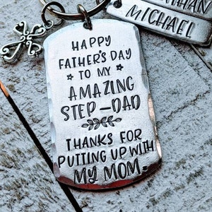Father&#39;s Day Gift: Step-Dad Keychain for Blended Family, 2nd Dad, Second Daddy - Personalized Dog Tag with Optional Name Bars and Charm