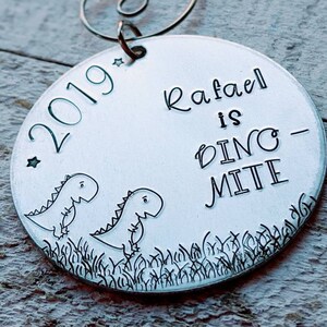 Personalized Hand Stamped Christmas Ornament with Dinosaurs and Grass - Custom Name and Year - Dino Mite - Cute Kid&#39;s Gift - 2 inch Size