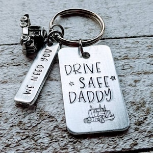 Hand stamped drive safe daddy rectangle necklace with semi truck charm - Father&#39;s day gift for trucker dad, husband - Personalized message