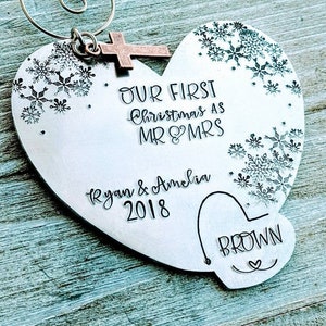 Personalized First Christmas Married Heart Ornament with Optional Cross Charm - Custom Newlyweds Gift for Couple - Hand Stamped Mr and Mrs