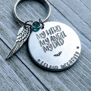 Hand Stamped Memorial Keychain with Angel Wing Charm - Personalized Gift for Child - Customizable for Any Lost Loved One - Handmade Jewelry