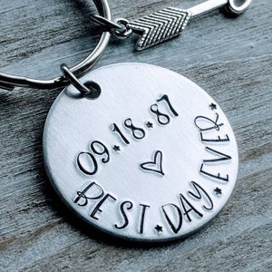 Hand Stamped Anniversary Keychain with Date | Best Day Ever Reminder | Personalized Keepsake Gift | Custom Date & Heart Charm