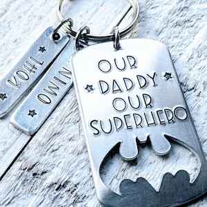 Father&#39;s Day Superhero Bat Keychain, Hand Stamped Dog Tag, Personalized Gift from Sons, Kids Names Customized, Unique Handmade Jewelry Charm