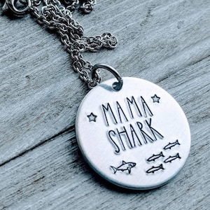 Hand Stamped Shark Family Necklace - Personalized Mommy Shark, Mama Shark, Baby Shark Jewelry - Stainless Steel Chain - Customizable Design