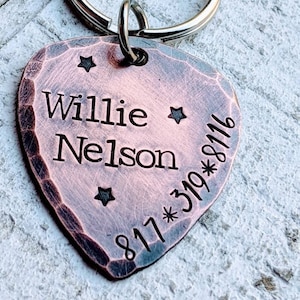 Rustic Guitar Pick Pet ID Tag with Custom Hand Stamped Name & Phone Number - Personalized Copper Pet Tag for Dogs - Country Music Inspired