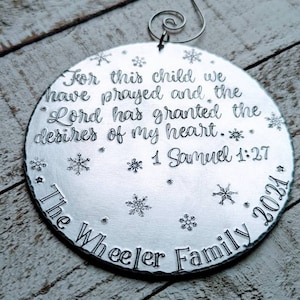 Unique Hand Stamped Adoption Christmas Ornament with Family Name & Year Personalized Foster Care Gift with 1 Sam 1:27 Scripture Snowflake