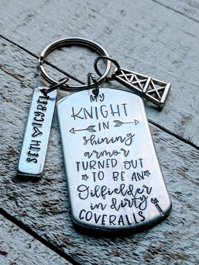 Hand Stamped Oilfield Wife Dog Tag With Personalized Names and Charm