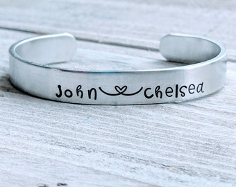 Name cuff. Hand stamped bracelet. Husband and wife. Boyfriend girlfriend fiance.