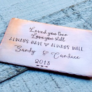 7th Anniversary Copper Wallet Card Customizable with Names and Date - Hand Stamped Personalized Love Message - Traditional 7 Year
