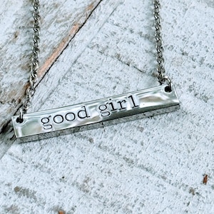 Hand Stamped Bar Necklace with Elegant Design Options - Personalized Gift for Bachelorette, Bridal Party, or Good Girl - Customized Jewelry