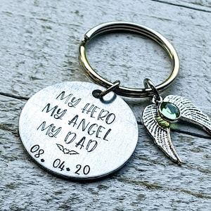Hand Stamped Memorial Keychain with Wings Charm and Birthstone - Personalized Gift for Bereaved Child - Customizable for Any Lost Loved One