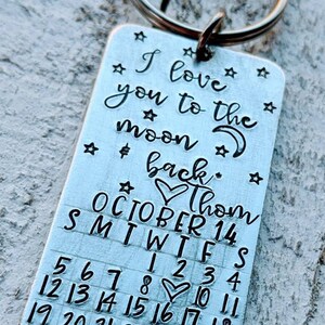 Stamped Anniversary Date Calendar with Personalized I love you to the moon and back Message Handmade and Unique Anniversary Gift with Custom