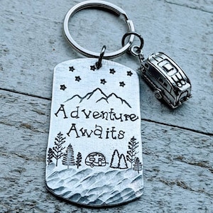 Hand Stamped Adventure Awaits Camping Keychain with Outdoor Charm - Personalized Metal Dog Tag Key Chain for Camper - RV Keychain Accessory