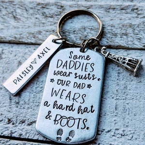 Oilfield Dad Father's Day Gift - Hand Stamped Oil Construction Military Dad Gift - Personalized Kids Names - Hard Hat and Boots Theme