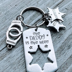 Hero Sheriff Dad Dog Tag Necklace with Handcuff Charm - Law Enforcement Gift for Father's Day - Hand Stamped LEO Parent Jewelry