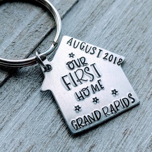 Hand Stamped Our First Home Keychain - Great Housewarming Gift - Aluminum - Personalized Year/Place - Homeowner Gift - New Home - One