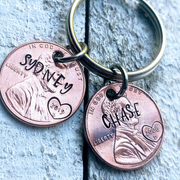 Copper Penny Family Keychain! Children, Grandchildren, or Pet's names, nicknames or initials stamped into the penny of their birth year.