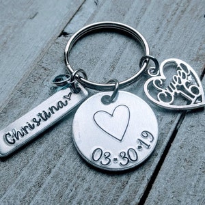 Hand Stamped Sweet 16 Birthstone Keychain with Personalized Birthday - Handmade Teen Gift - Custom Name Keychain - License Keyring -