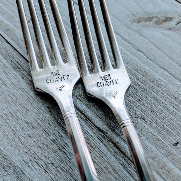 Wedding gift. Mr & Mrs. Hand Stamped silver forks. Newlywed gift. Wedding present. His and hers. Wedding date. Anniversary. Bride and Groom.