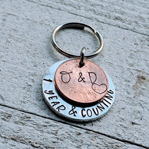 1 Year Anniversary Hand Stamped Disc with Penny Personalized Initials and Year Gift for Boyfriend, Fiance, Husband - Valentine&#39;s Day