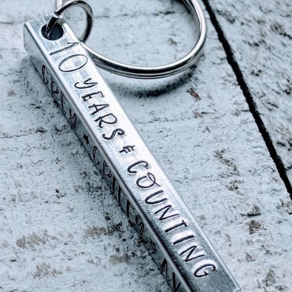 10th anniversary. Husband gift. Aluminum anniversary. Traditional wedding anniversary. 10 years and counting. 10th anniversary keychain.