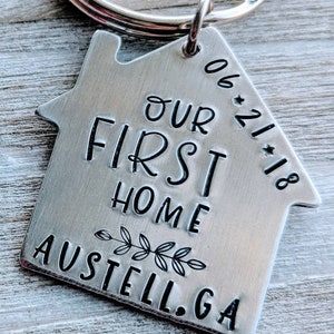 Hand Stamped Aluminum House Keychain with Location and Date - Perfect Housewarming Gift for New Homeowners - Personalized Home Key Ring