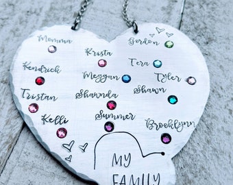 Family Christmas. Hand Stamped Heart Ornament. Family Names. Christmas 2021. Grandma gift. Birthstone ornament