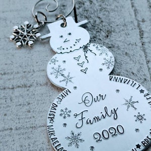Personalized Family Snowman Ornament for Christmas 2021 - Hand Stamped Holiday Decoration with Family Names - Customizable Gift for Loved