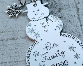 Family Christmas. Hand Stamped Snowman Ornament. Christmas Spirit. Holiday Ornament. Family Names. Christmas 2021