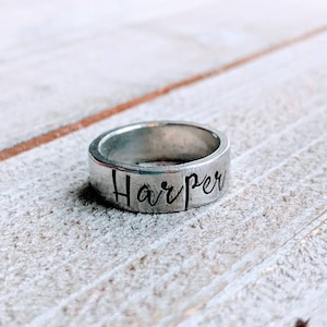 Custom made stackable rings for Mom with children's names stamped in pewter Perfect gift for Mother's Day, birthday, or wife Personalize