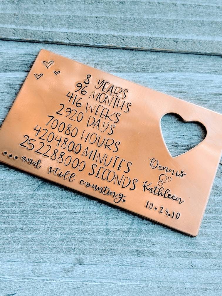 Hand Stamped Bronze 8 Year Anniversary Wallet Card, Personalized Couples Gift, Traditional Bronze Anniversary, Metal Wallet Insert