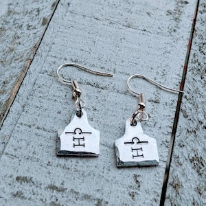 May include: A pair of silver earrings with a silver tag charm. The tag has the letters "CH" engraved on it.